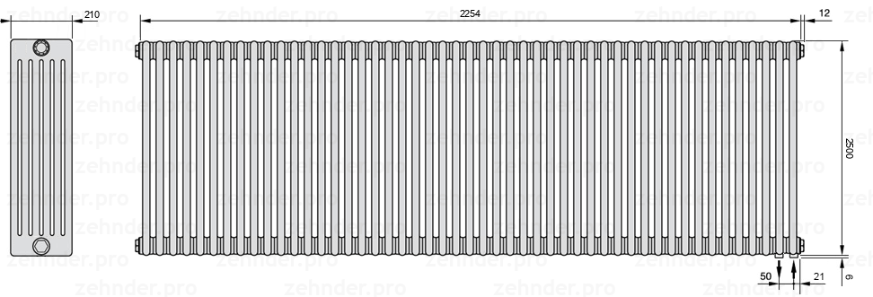 Схема (чертеж) Радиатор Zehnder Charleston 6250/49 №5510 Белый глянцевый RAL 9016